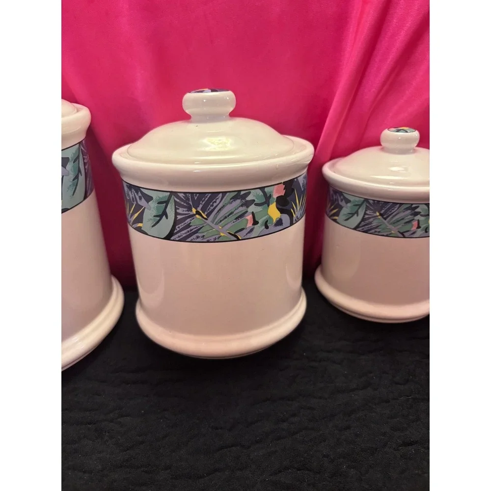 Vitramaster Key Largo 90s Vintage Ceramic Canister Set 4pc Tropical Jungle Leaf